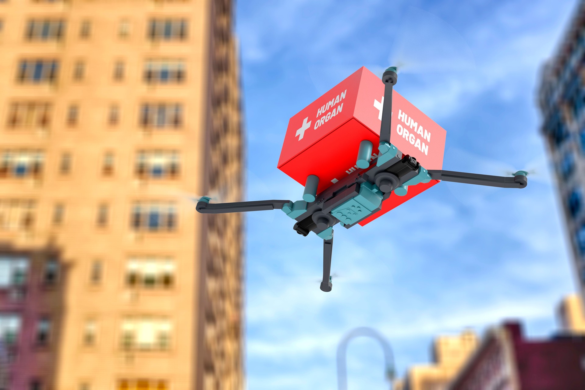 Delivery drone flying in city with Human Organ Transplantation